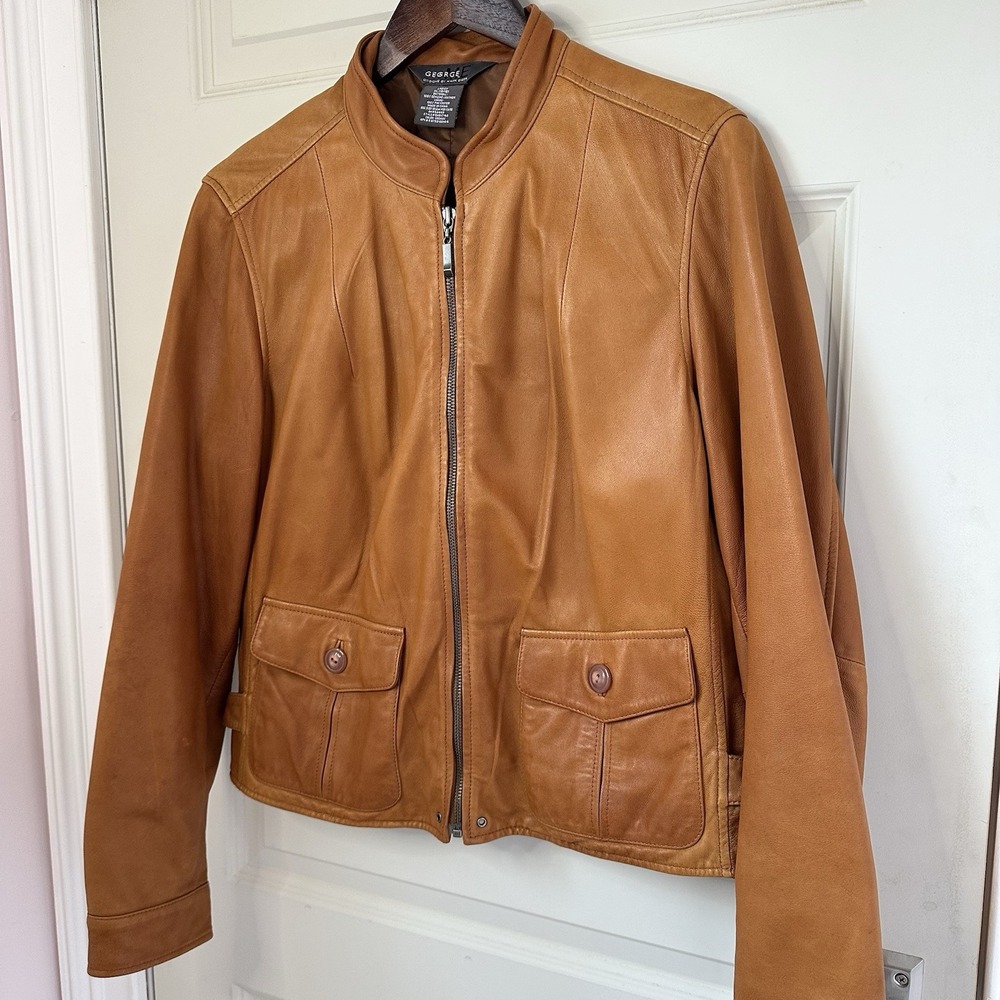 George Designs By Mark Eisen Women's Brown Leather Jacket Size XL Soft Moto Zip - Picture 2 of 12